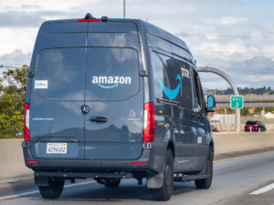 Amazon van on a freeway.