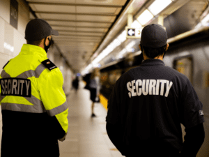 Two men facing away wearing shirts that read "security" on the back.